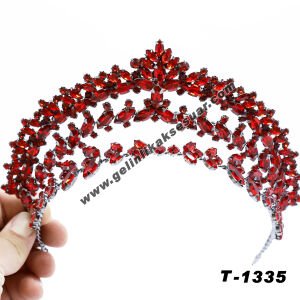 Kırmızı Kristal Taşlı Gelin Nişan Tacı