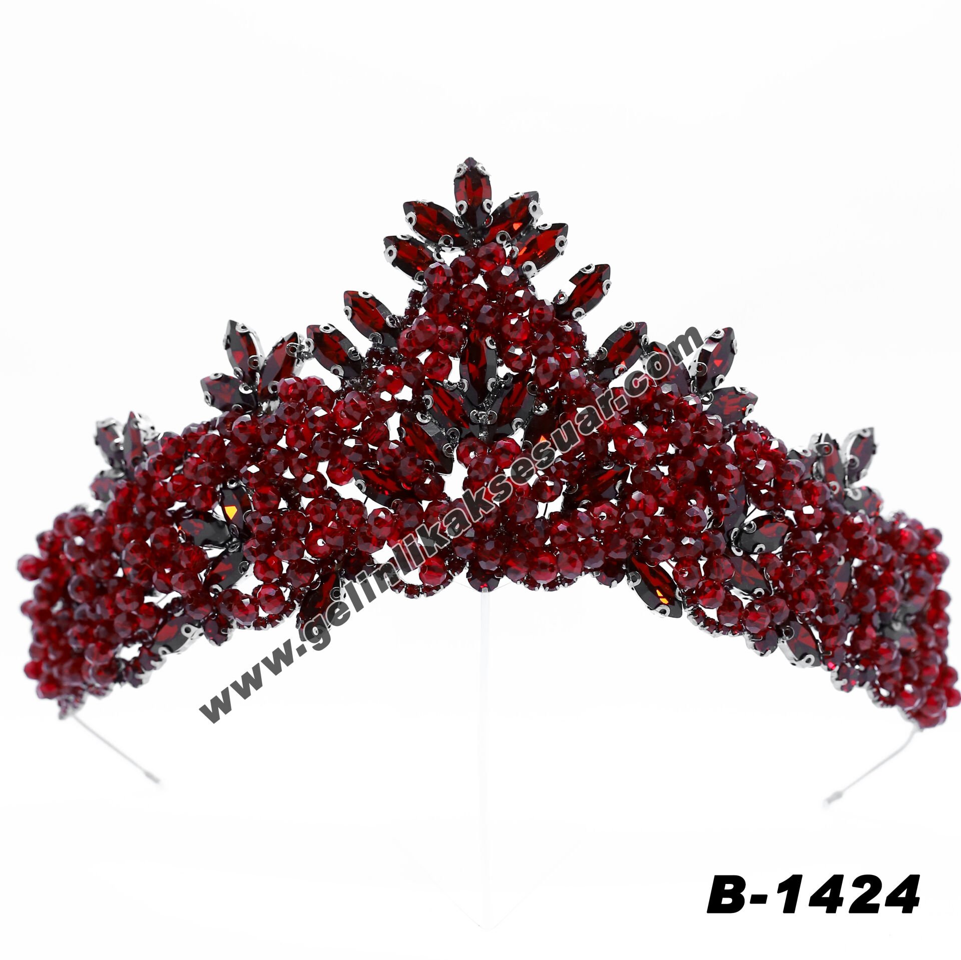 Bordo Kristal Taşlı Gelin Nişan Tacı