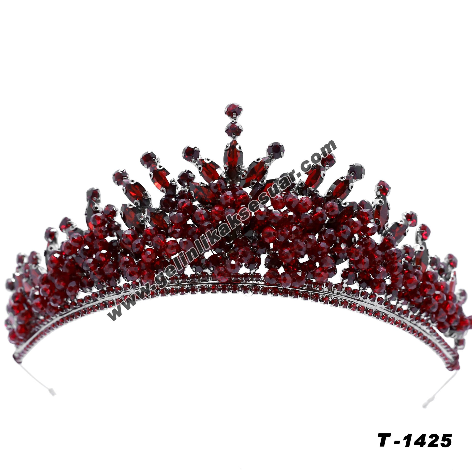 Bordo Kristal Taşlı Gelin Nişan Tacı