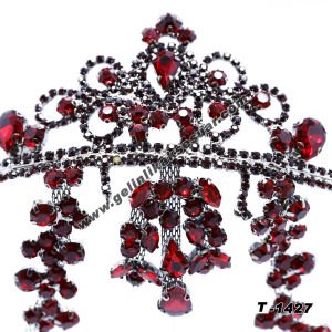 Bordo Kristal Taşlı Gelin Nişan Tacı