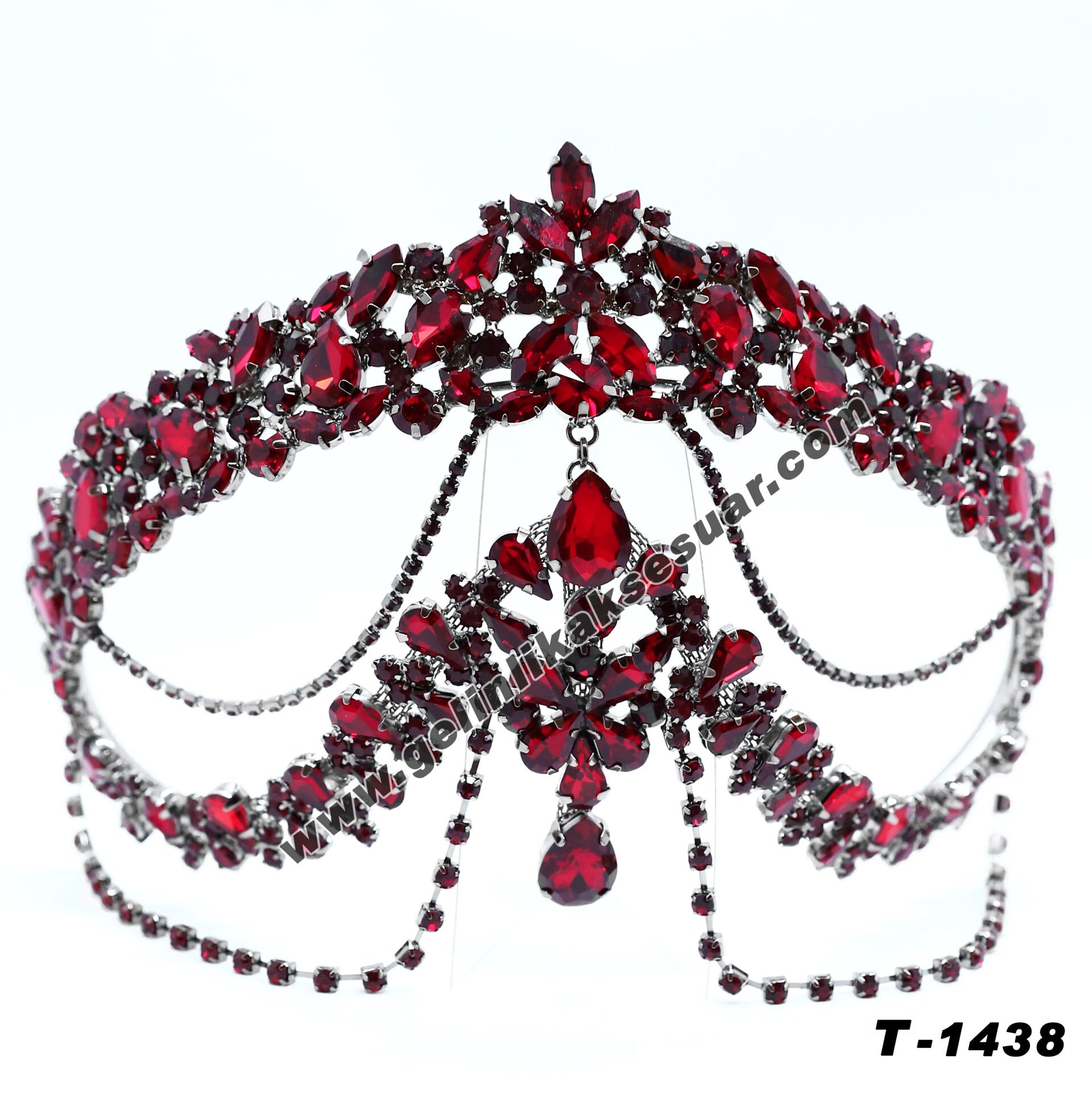 Bordo Kristal Taşlı Gelin Nişan Tacı