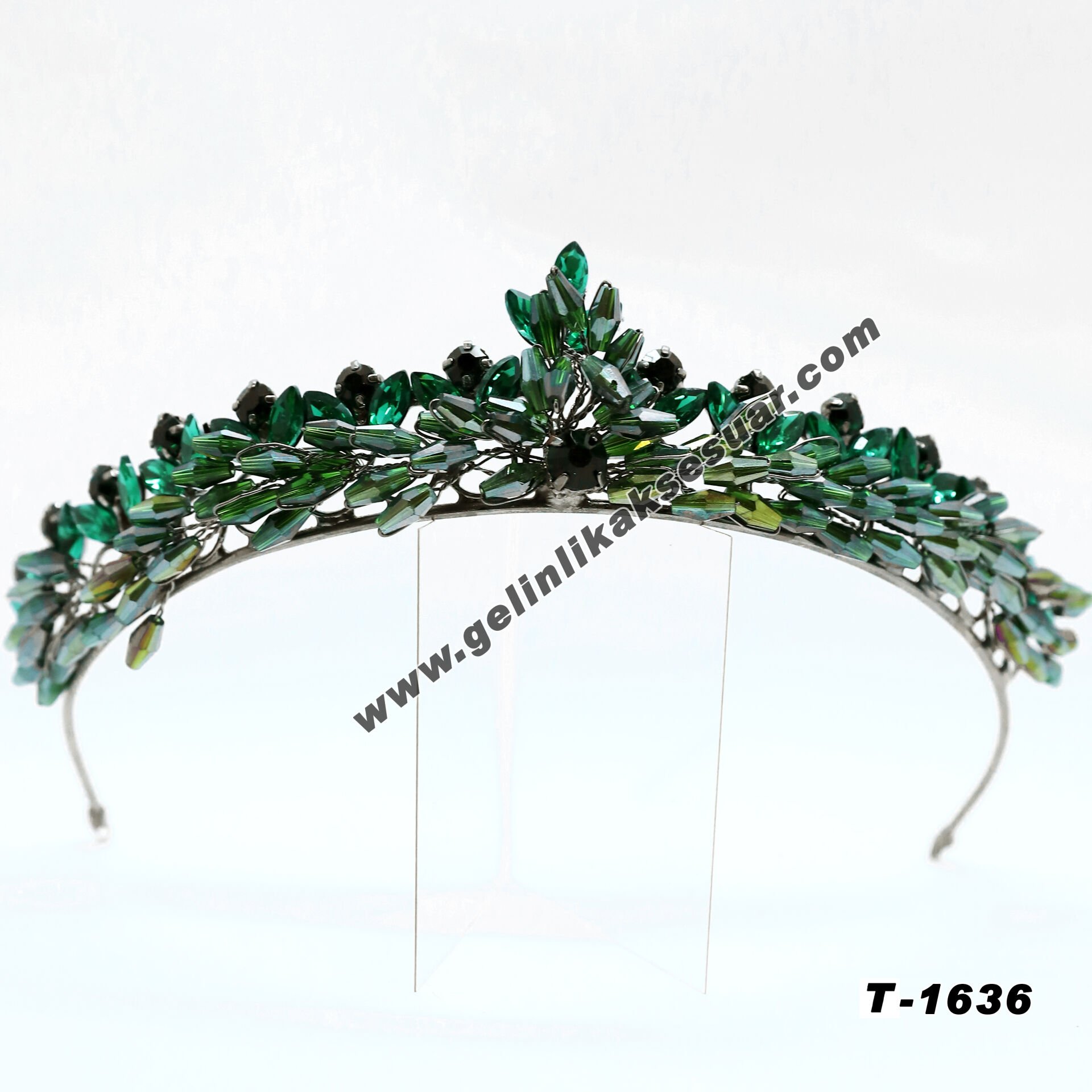 Zümrüt Yeşili Kristal Taşlı Gelin Nişan Tacı