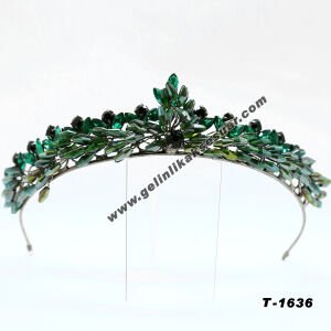 Zümrüt Yeşili Kristal Taşlı Gelin Nişan Tacı