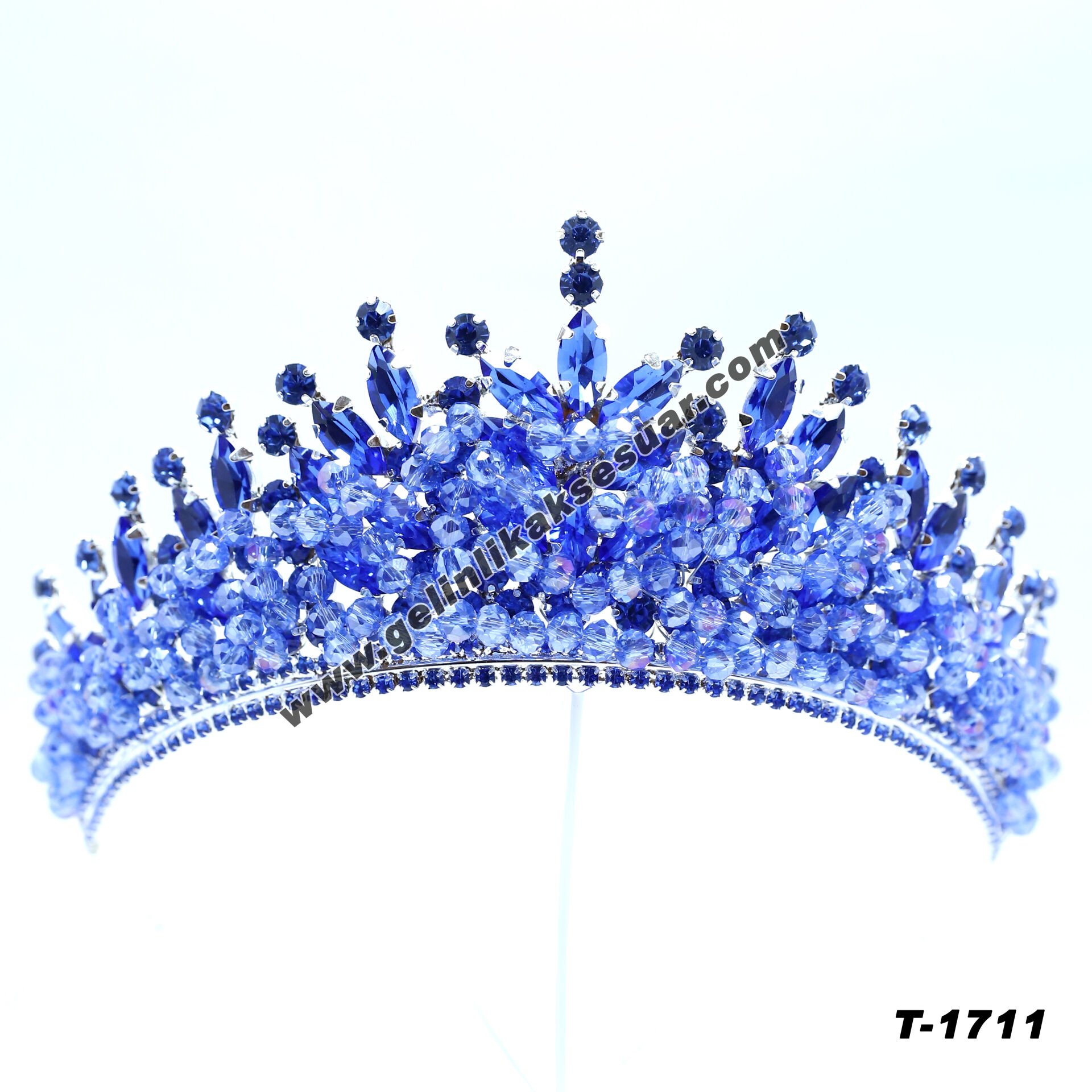 Açık Mavi Kristal Taşlı Gelin Nişan Tacı