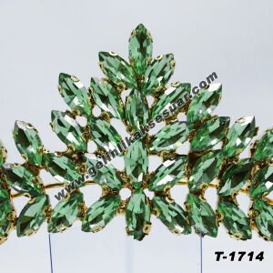 Yağ Yeşili Kristal Taşlı Gelin Nişan Tacı