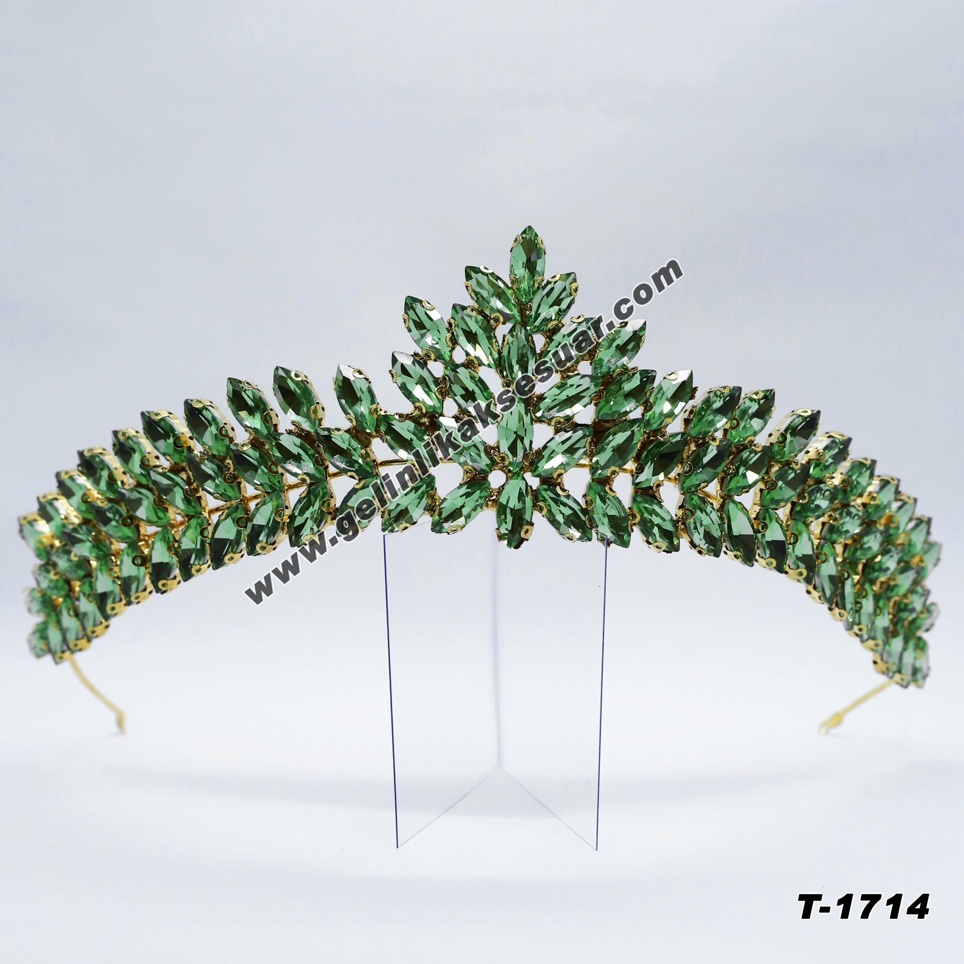 Yağ Yeşili Kristal Taşlı Gelin Nişan Tacı
