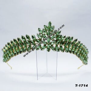 Yağ Yeşili Kristal Taşlı Gelin Nişan Tacı