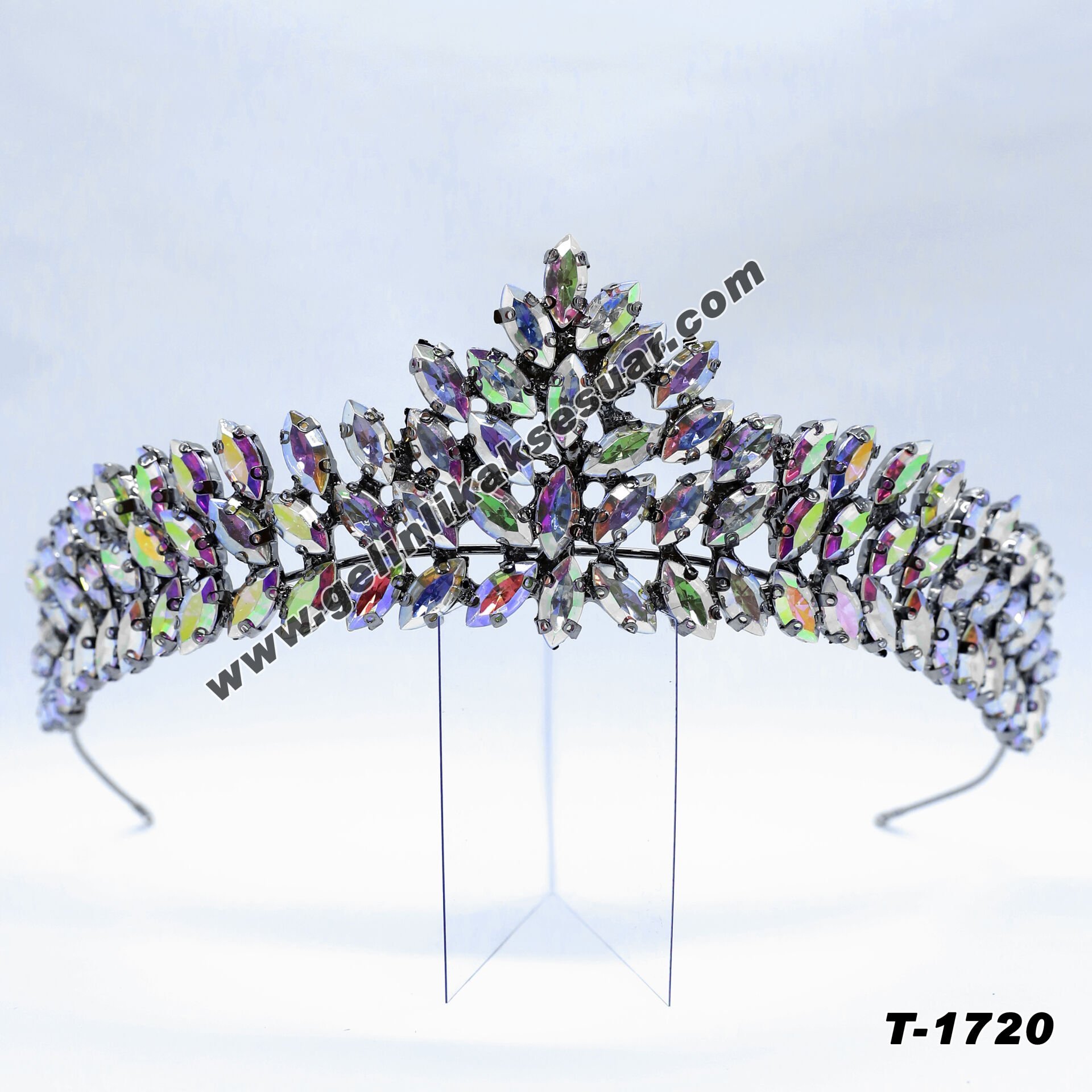 Rengarenk Kristal Taşlı Gelin Nişan Tacı