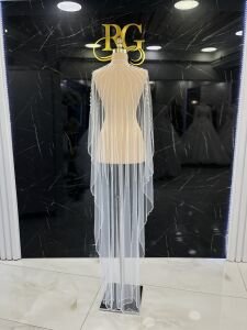 Kırık Beyaz Duvak Kristal Taşlı El İşlemeli